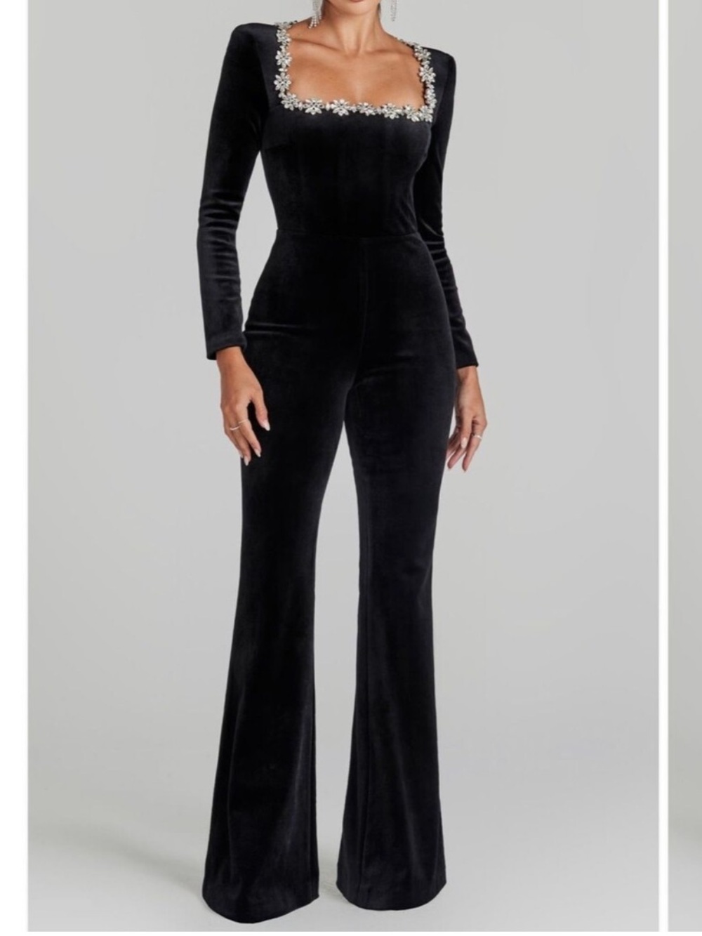 Nadine Merabi Kimberly Velvet Jumpsuit Long Sleeve Black
